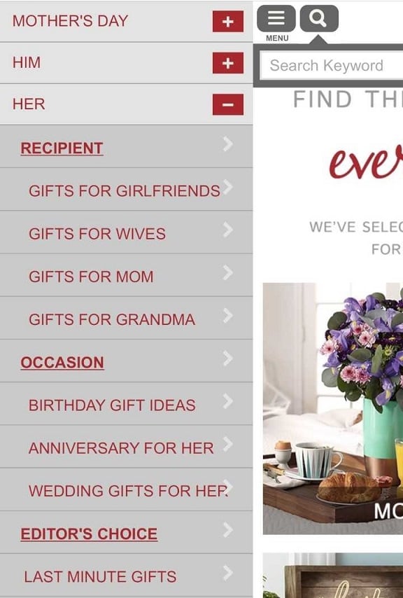 Gifts.com E-Commerce Website Menu best ecommerce mobile sites