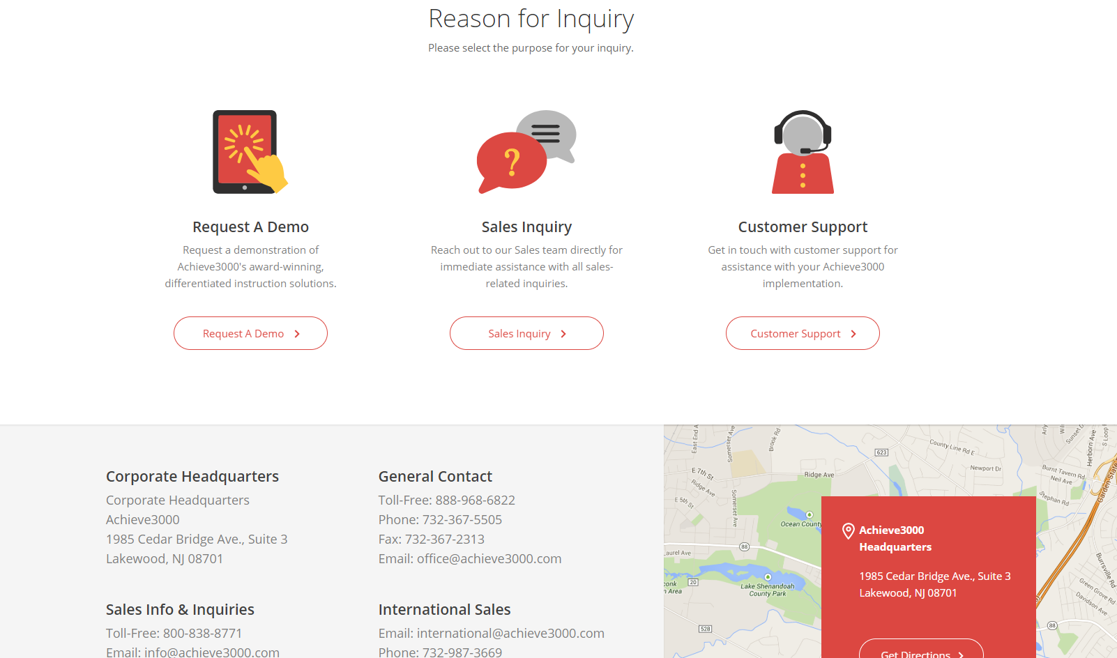Achieve3000 Contact Us Page Options best contact page website design