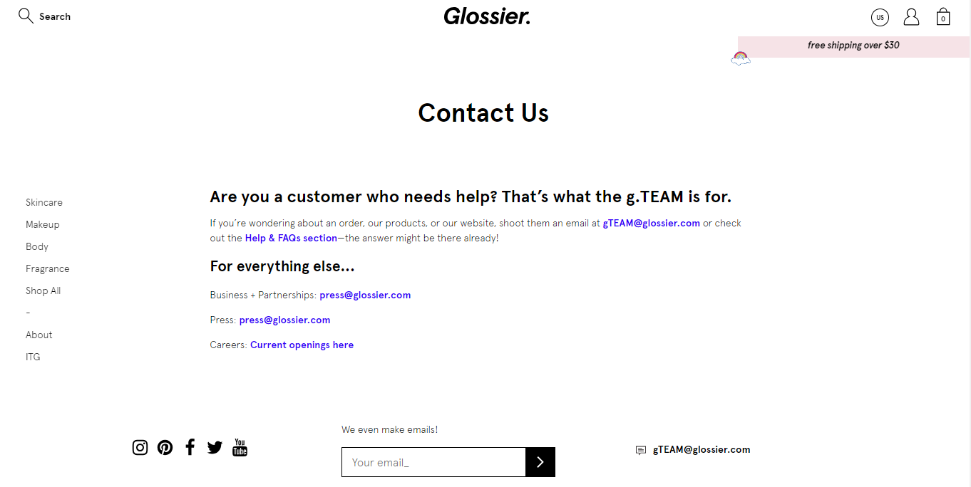 Glossier Contact Us Web Page contact us page design
